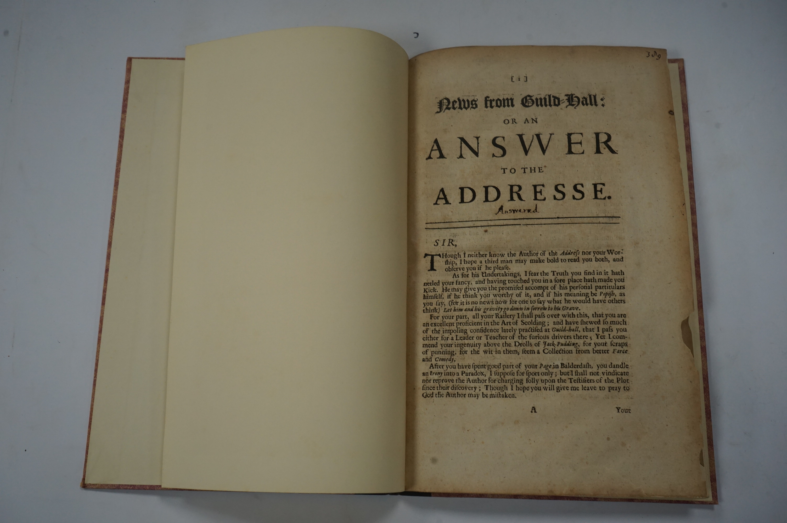 News from Guild-Hall: or An Ansvver to the Addresse. [Answered], London, 1680, [Concerning the election of Slingsby Bethel and Henry Cornish as sheriffs of London], later quarter calf with marbled boards, not in Wing, (s